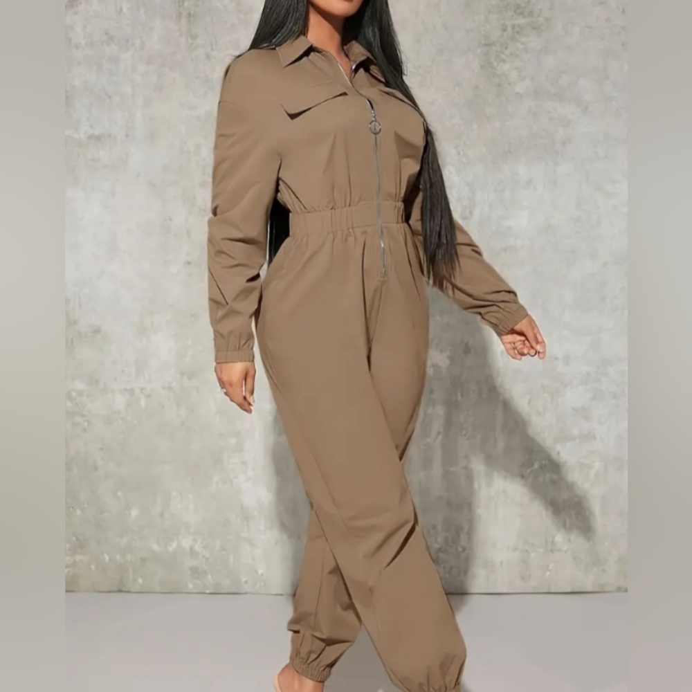 Women Beige Zip Cargo Style Long Jumpsuit